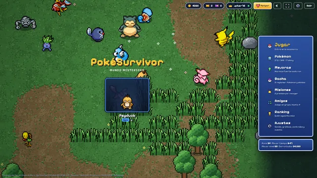 PokéSurvivor main menu with wild Pokémon roaming the grass and the Mystery Dungeon style menu