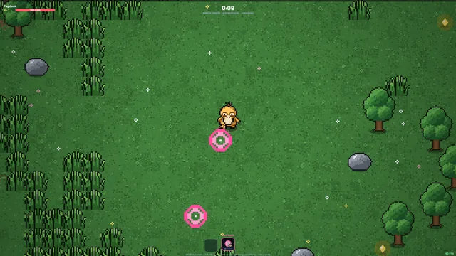 PokéSurvivor gameplay: Psyduck in the middle of a grassy map with trees and tall grass